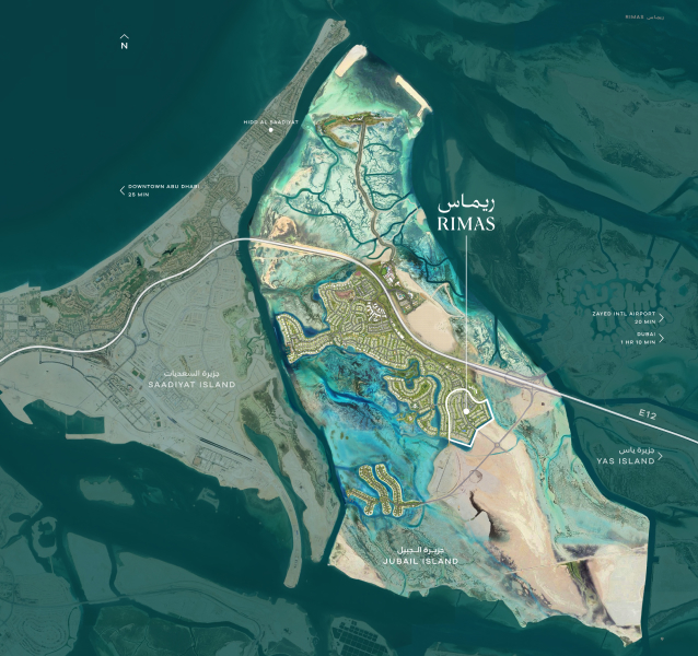 Map showing RIMAS on Jubail Island between Yas Island and Saadiyat Island
